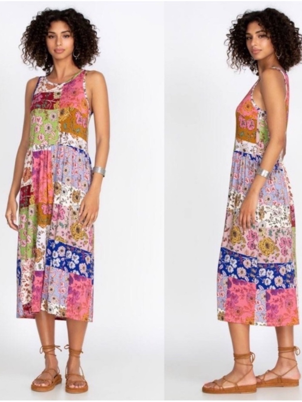 Johnny Was XL Patchwork Floral Vacation Midi Dress Bamboo Stretchy Cottagecore